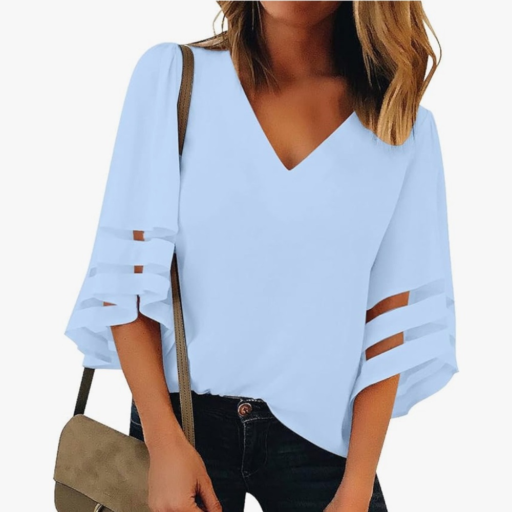 Light Blue V-Neck Flutter Sleeve Blouse